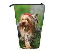 YXDVPALNE Yorkshire Terrier Lawn Cute Dogs Ummer Red Bow,Telescopic Pencil Case,Stand Pencil Holder with Zipper Pencil Pouch Pen Bag