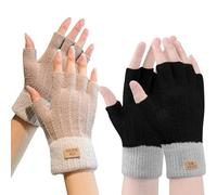 Yxelydriail 2 Pairs Fingerless Gloves for Women, Winter Warm Knit Half Fingers Mittens, Thermal Fingerless Gloves for Ladies Working Driving Typing (Black+Khaki)