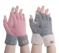 Yxelydriail 2 Pairs Fingerless Gloves for Women, Winter Warm Knit Half Fingers Mittens, Thermal Fingerless Gloves for Ladies Working Driving Typing (Pink+Grey)