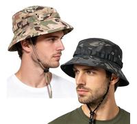Yxelydriail 2 PCS Camo Boonie Hats for Men Women, Bush Jungle Short Hats with Adjustable Strap, Sun Cap Safari Hat for Fishing Hiking Camping (Black+Camo)