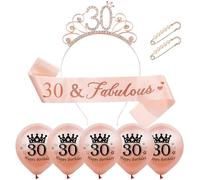Yxelydriail 30th Birthday Sash and Tiara Rose Sash Rhinestone Crown 30th Birthday Decorations for Women (Rose Gold 30th)