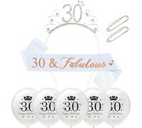 Yxelydriail 30th Birthday Sash and Tiara Rose Sash Rhinestone Crown 30th Birthday Decorations for Women (White 30th)