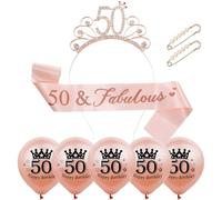 Yxelydriail 50th Birthday Sash and Tiara Rose Sash Rhinestone Crown 50th Birthday Decorations for Women (Rose Gold 50th)