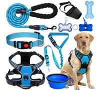 YXFDOYT No Pull Dog Harness Adjustable Collar & Leash Set - Dog Halter Harnesses Collapsible Bowls & Poop Bag Dispenser Muzzle ID Tags Toys Fits Small Medium Large Dogs (Blue-L)