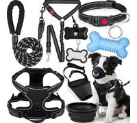 YXFDOYT No Pull Dog Harness Adjustable Collar & Leash Set - Dog Halter Harnesses Collapsible Bowls & Poop Bag Dispenser Muzzle ID Tags Toys Fits Small Medium Large Dogs (Black-M)