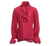 YXINAER Ruffled Frilly Shirts Men White Shirts Vintage Ruffle Lace Up Lapel Lantern Sleeve Casual Blouse Top(Red,5XL)