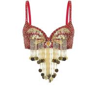 YXINAER Womens Plastic Beaded Tassels Belly Dance Tops Stage Performance Rave Costume Adjustable Straps Shiny Sequins Underwired Bra Belly Dancer Top(Red)
