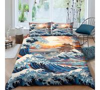 YXMPCZYY 3D Printing Japanese Style Duvet Cover Sets for Girls,Boys And Adults Waves Duvet Cover Double(200x200cm) Soft Microfibre Bedding Set 3 Pcs with Pillow Cases