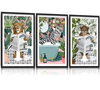 YXNARTLQ 3Pcs Zebra Lion Monkey on Animal on Toilet Funny Bathroom Wall Art, Canvas Tropical Boho Bathroom Jungle Animal Print, Art Decor, Paintings for toilet restroom 16"X24"X3 Unframed