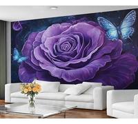 YXQAIED 3D Mural Photo Wallpaper Purple Rose 350x256cm Floral Backdrop Wall Interior Decor, Flowers and Butterfly Wall Paper 3D for Bathroom Restaurant Hallway Decor (Not Peel and Stick)