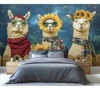 YXQAIED Alpaca Wallpaper, Sunflowers Wallpaper for Living Room, Starry Sky Custom Wallpapers, Farm Animals 3D Wall Murals for Bedroom, 350x256cm (Not Peel and Stick)