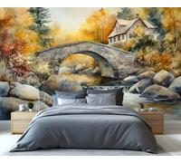 YXQAIED Autumn Landscape Wallpaper, Riverside Cobin Wallpaper for Living Room, French Countryside Wall Mural, Not Self-Adhesive Home Decor & Murals, 390x260 cm