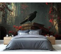YXQAIED Black Crow Wallpaper, Red Rose Wallpaper for Living Room, Gothic Bedroom Wallpapers, Photo 3D Wall Murals for Adults Room Decor (Not Peel and Stick)
