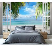 YXQAIED Blue Ocean Wallpaper, White Window View Wallpaper for Living Room, Clouds Custom Wallpapers, Seascape 3D Wall Murals for Bedroom, 390x260cm (Not Peel and Stick)