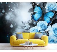 YXQAIED Blue Rose Wallpaper, Floral Bedroom Wall Paper, Not Self Adhesive Butterfly Wallpaper for Living Room, Fantasy Flower 3D Large Mural & Home Decor Poster, 366x254cm
