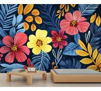 YXQAIED Boho Flower Wallpaper - Tropical Leaf Photo Wallpaper for Bedroom & Home Decor, Navy Blue Large Mural for Living Room, Not Self-Adhesive Wall Decor, 100x70cm