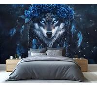 YXQAIED Boho Wallpaper, Wolf Bedroom Wall Paper, Not Self Adhesive Blue Feathers Wallpaper for Living Room, Wild Animals 3D Large Mural & Home Decor Poster, 200x140cm