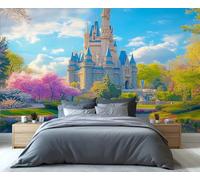 YXQAIED Cherry Blossom Tree Wallpaper 366x254cm, Castle Wallpaper for Living Room, Sky with Clouds Photo Wallpapers, Romantic Landscape Large Mural for Bedroom Poster Decor (Not Peel and Stick)