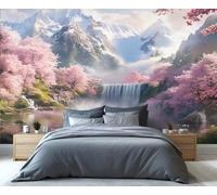 YXQAIED Cherry Blossom Wallpaper, Waterfall Mountain Mural Wallpaper, Asian Not Self-Adhesive Large Wall Murals for Living Room Bedroom Home Decor, 200x140cm