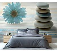 YXQAIED Dahlia Wallpaper, Retro Wood Bedroom Wall Paper, Not Self Adhesive Blue Flower Wallpaper for Living Room, Zen Stone 3D Large Mural & Home Decor Poster, 400x280cm