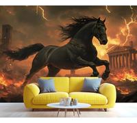 YXQAIED Dark Horse Wallpaper, Animal Wallpapers for Living Room, Not Self Adhesive Running Horses Bedroom Wallpaper, Flaming City 3D Large Mural & Home Decor Poster, 260x175cm