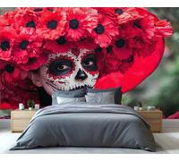 YXQAIED Day of The Dead Wallpaper, Red Flowers Wallpaper for Living Room & Home Decor, Mexican Sugar Skull Wallpapers for Bedroom, 3D Print Wall Mural (Not Peel and Stick)