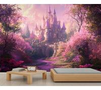 YXQAIED Floral Wallpaper 366x254cm, Dream Castle Wallpaper for Living Room, Natural Forest Photo Wallpapers, Pink Palace Large Mural for Bedroom Poster Decor (Not Peel and Stick)