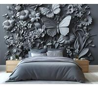 YXQAIED Floral Wallpaper, Butterfly Bedroom Wallpaper, Black and Gray Wall Paper for Living Room, Not Self Adhesive Abstract Flowers Photo 3D Wall Murals & Room Decor, 350x256cm