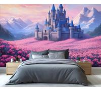 YXQAIED Floral Wallpaper, Castle Wallpaper for Living Room Natural Landscape Bedroom Wallpapers, Mountain Flowers 3D Photo Murals for Kitchen Decor, 390x260cm (Not Peel and Stick)