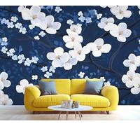 YXQAIED Floral Wallpaper, Cute White Flower Wallpaper for Bedroom, Rustic Dark Blue Living Room Wallpapers, Wall Murals for Apartment & Room Decor (Not Peel and Stick)