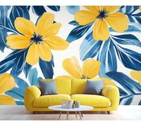 YXQAIED Floral Wallpaper, Cute Yellow Flower Wallpaper for Living Room, Tropical Blue Leaf Bedroom Wallpapers, 3D Large Mural & Kitchen Decor Poster (Not Peel and Stick)