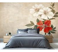 YXQAIED Floral Wallpaper, Red and White Wallpaper for Living Room, Simple Flowers Bedroom Wall Paper, Not Self Adhesive Vintage Plants 3D Large Mural & Home Decor Poster, 200x140cm