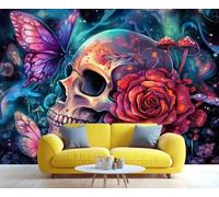 YXQAIED Gothic Wallpaper, Mexican Day of The Dead Bedroom Wall Paper, Not Self Adhesive Skull Rose Wallpaper for Living Room, Butterfly 3D Large Mural & Home Decor Poster, 300x210cm