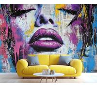 YXQAIED Graffiti Wallpaper 300x210 cm, Woman Face Mural Wallpaper, Colorful Lips Wallpapers for Living Room Bedroom, Large Murals & Home Decor