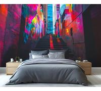 YXQAIED Graffiti Wallpaper, City Street Wallpaper for Bedroom, Neon Streets Photo Wallpapers, Retro Stairs Graffiti Large Mural for Living Room, 300x210cm (Not Peel and Stick)