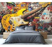 YXQAIED Graffiti Wallpaper, Rock and Roll Guitar Wallpaper for Living Room, Brick Wall Custom Wallpapers, Musical Graffiti 3D Wall Murals for Bedroom, 260x175cm (Not Peel and Stick)