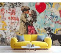 YXQAIED Graffiti Wallpaper, Street Graffiti Wallpaper for Living Room, Kissing Couple Custom Wallpapers, Cute Dog 3D Wall Murals for Bedroom, 100x70cm (Not Peel and Stick)