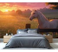 YXQAIED Horse Wallpaper, Farm Wallpaper for Living Room, Animal Bedroom Wall Paper, Not Self Adhesive Sunset Landscape 3D Large Mural & Home Decor Poster, 366x254cm