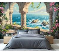 YXQAIED Italian Wallpaper, Mediterranean Arch Wallpaper for Living Room, Coastal Seascape Bedroom Wall Paper, Non-Self-Adhesive 3D Printed Large Mural 450x315 cm