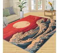 YXQAIED Japanese Rug - The Great Wave Off Kanagawa Rug, 180x200cm Rug, Hokusai Waves Area Rug, Ukiyo-e Asian Oriental Rug, Red Sun Washable Non Slip Carpet, Great Wave Home Decor Mat