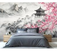 YXQAIED Japanese Wallpaper, Pink Cherry Blossoms Wallpaper for Bedroom, Ink Painting Living Room Wallpapers, 3D Large Mural & Kitchen Decor Poster (Not Peel and Stick)