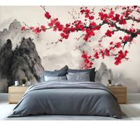 YXQAIED Landscape Painting Wallpaper, Red Plum Blossom Wallpaper for Living Room, Chinese Wallpapers for Bedroom, Flowers 3D Mural Photo & Room Decor (Not Peel and Stick)
