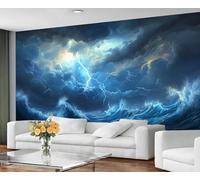 YXQAIED Lightning Wallpaper, Blue Ocean Wallpaper for Living Room Natural Disasters Bedroom Wallpapers, Rainy Weather 3D Photo Murals for Kitchen Decor, 390x260cm (Not Peel and Stick)