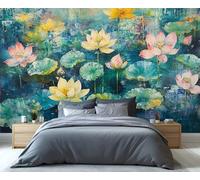 YXQAIED Lotus Wallpaper, Lotus Leaves in Pond Wallpapers for Living Room, Not Self Adhesive Simple Chinese Style Bedroom Wallpaper, Oil Painting 3D Large Mural & Home Decor Poster, 100x70cm