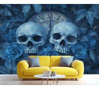 YXQAIED Mexican Day of The Dead Wallpaper, Blue Rose Bedroom Wall Paper, Not Self Adhesive Skull Wallpaper for Living Room, Horror Flowers Apartment Wall Murals & Room Decor, 400x280cm