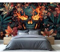 YXQAIED Mexican Floral Wallpaper, Vintage Flower Bedroom Wall Paper, Not Self Adhesive Flaming Skulls Wallpaper for Living Room, Gothic 3D Large Mural & Home Decor Poster, 366x254cm