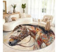 YXQAIED Native Americans Round Area Rug, Indian Horse Circle Rug, Ethnic Tribe Rugs Low Pile Floor Mat for Living Room, Bedroom, Dining Table Decor, Diameter 150 cm