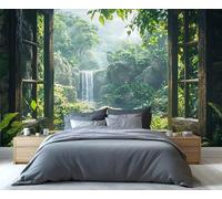 YXQAIED Nature Landscape Wallpaper, Forest Waterfall Wallpaper for Bedroom, Retro Window View Living Room Wallpapers, Photo 3D Wall Murals for Adults Room Decor (Not Peel and Stick)