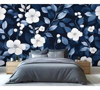 YXQAIED Navy Blue White Floral Home Decor & Mural, Chinoiserie Botanical Wallpaper for Living Room, Dark Floral Bedroom Wall Paper, Not Self Adhesive Large Wall Murals