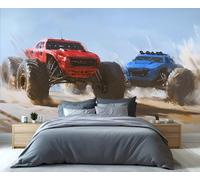 YXQAIED Off-Road Vehicles Wallpaper, Monster Cars Wallpaper for Bedroom, Red and Blue Photo Wallpapers, Desert Racing Large Mural for Living Room, 200x140cm (Not Peel and Stick)